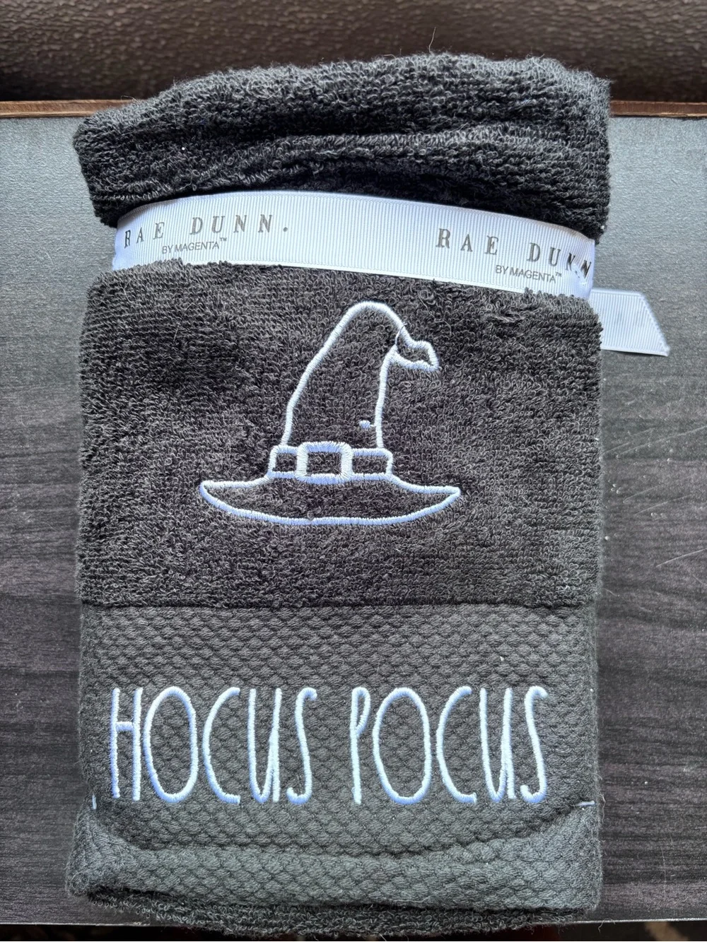 Rae Dunn Black 'HOCUS POCUS' Embroidered Hand Towel with Witch Hat